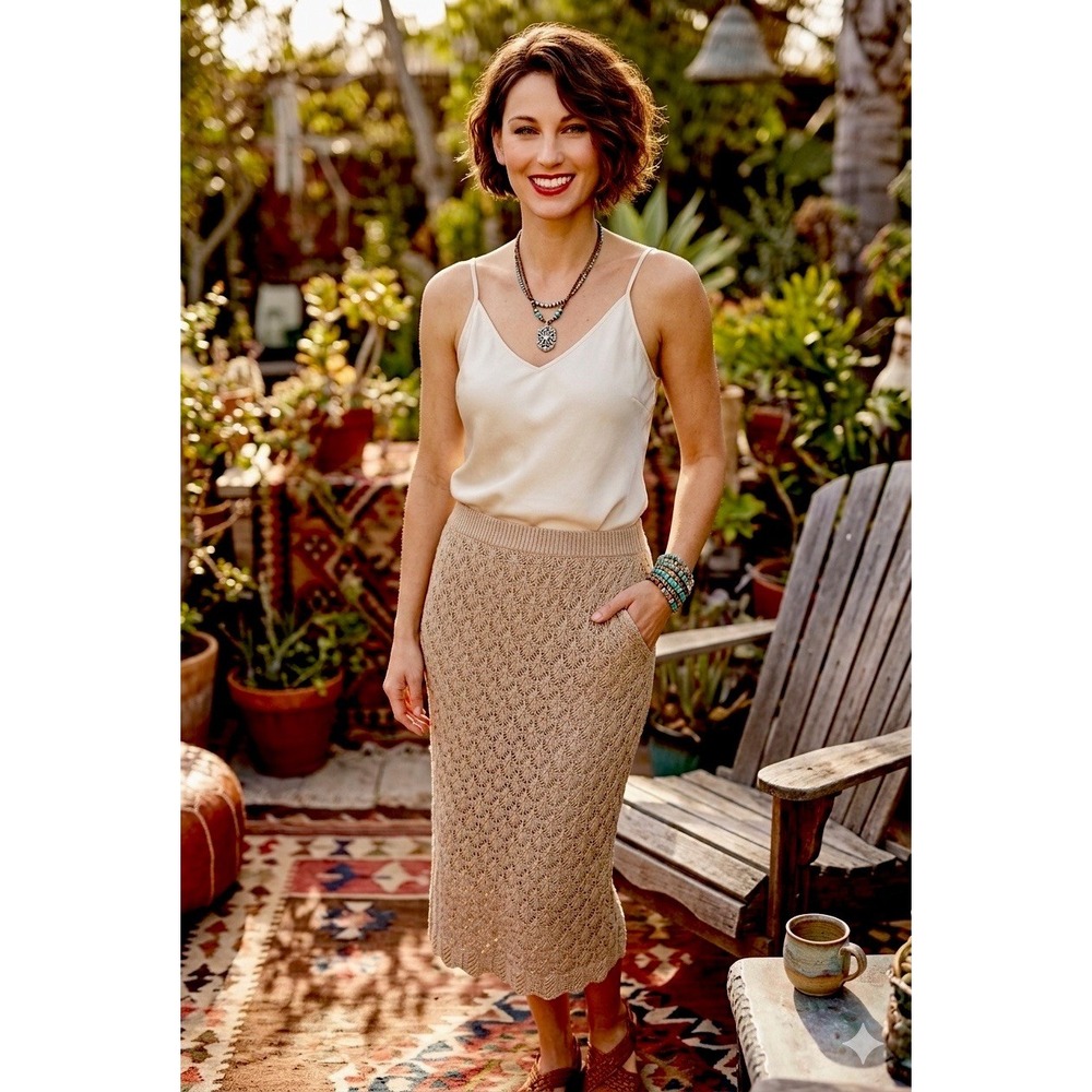 Boho Freshman 1996 Crochet Skirt  Knit Tan maxi  Lined Sz M Coquette  Retro New